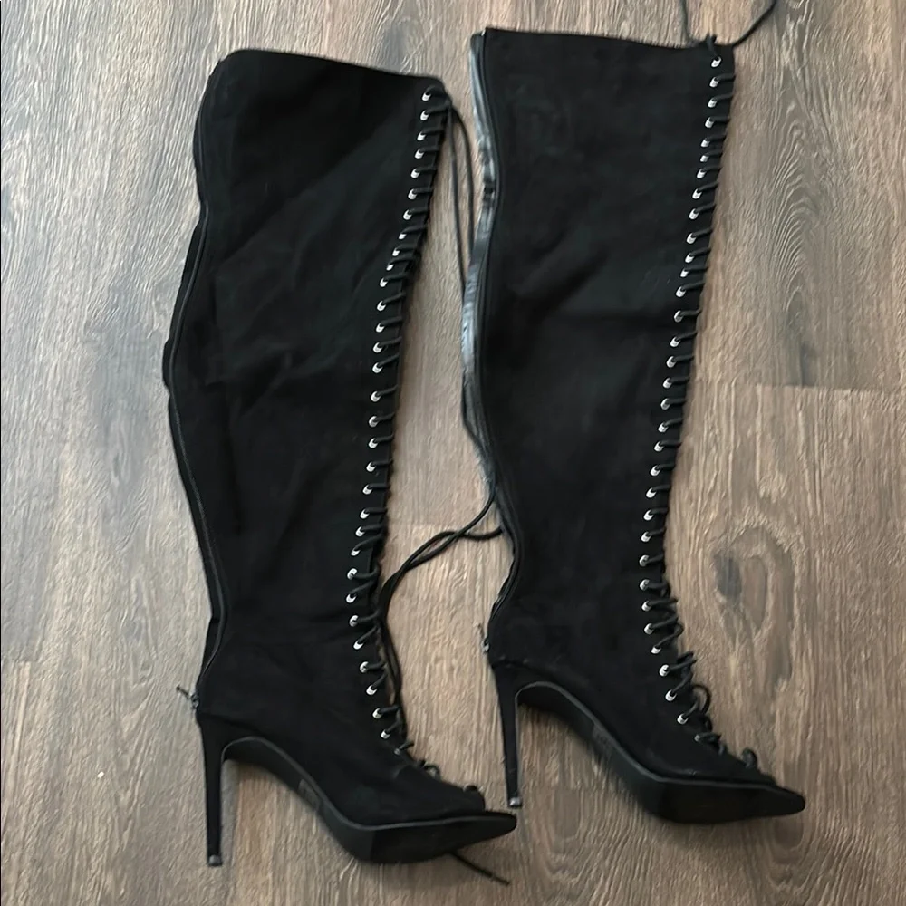 Forever 22 Elegant Black Thigh High open toe lace up heeled Boots